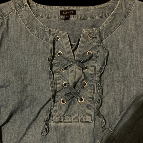 Talbots Blue Denim Jean Shift 1/2 Sleeves Lace Up Front Knee Length Dress Sz 16 - Picture 5 of 5